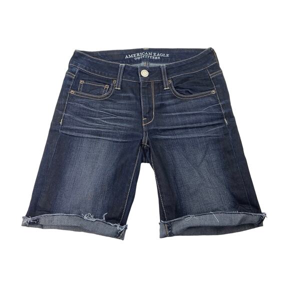 American Eagle Pants - American Eagle Blue Dark Wash Cuffed Low Rise Stretch Bermuda Jean Shorts Size 4